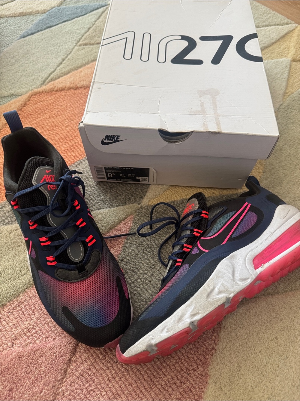 Nike Kids Air Max 270 React Sneakers - Black with Pink & Purple Gradient